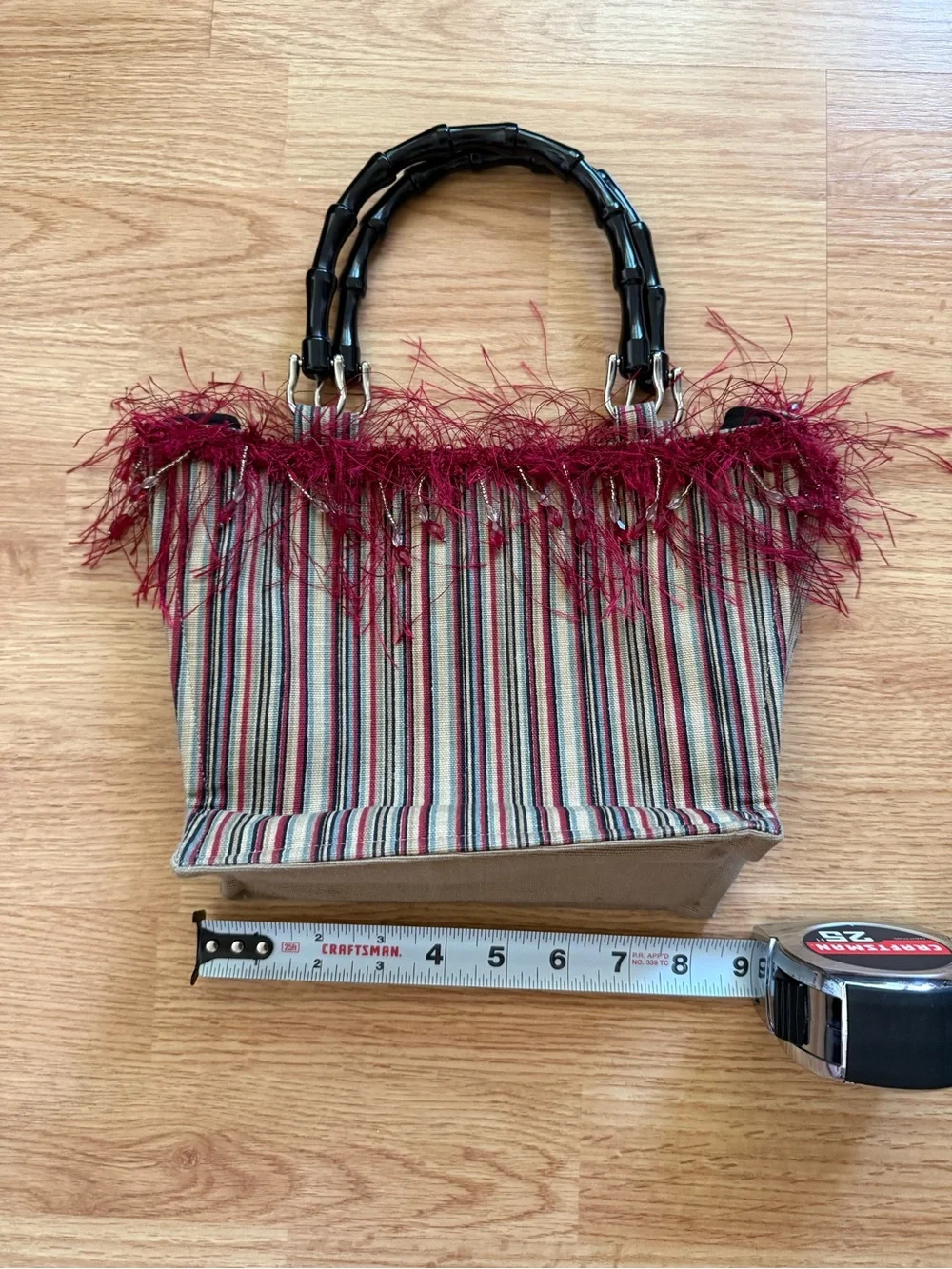 Bella Vintage Y2K Whimsigoth Striped Faux Bamboo Handle Feather Purse